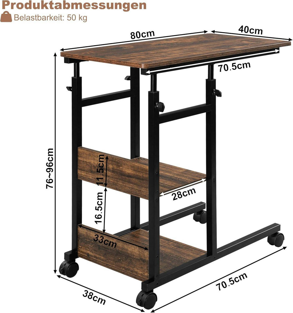 BEISTELLTISCH C Form, mit Rollen, Vintage-Holzoptik - Dunkelbraun/Schwarz, Holzwerkstoff/Metall (40/80/76cm) - Woltu