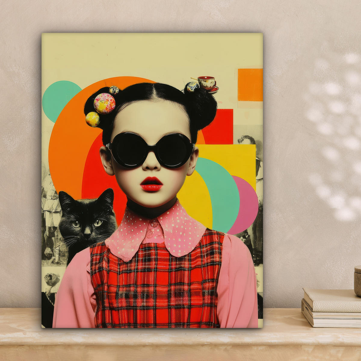 LEINWANDBILD Mädchen - Sonnenbrille - Katze - Retro Room Decor 30x40 cm - Beige, Textil (30/40cm) - MuchoWow