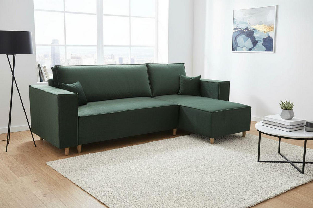 ECKSOFA RIO mit Schlaffunktion und Bettkasten, Farbe: Grün, Velourstoff, Ottomane Universal - Grün, Textil (249/142cm) - Marpur