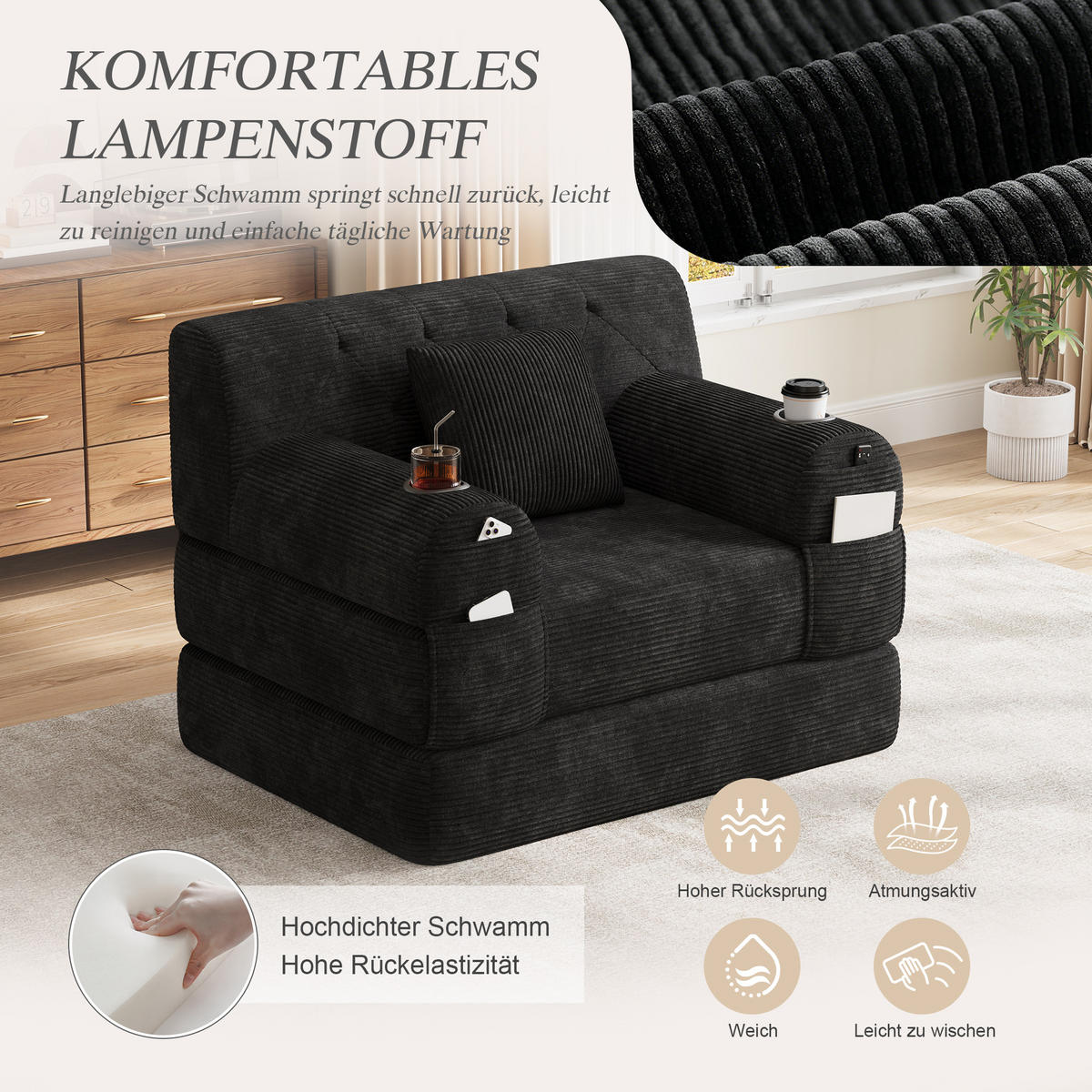 SCHLAFSESSEL Cord komprimiert, DE-42543, Schwarz - Schwarz, Metall (107/81/80cm) - ComfortXL
