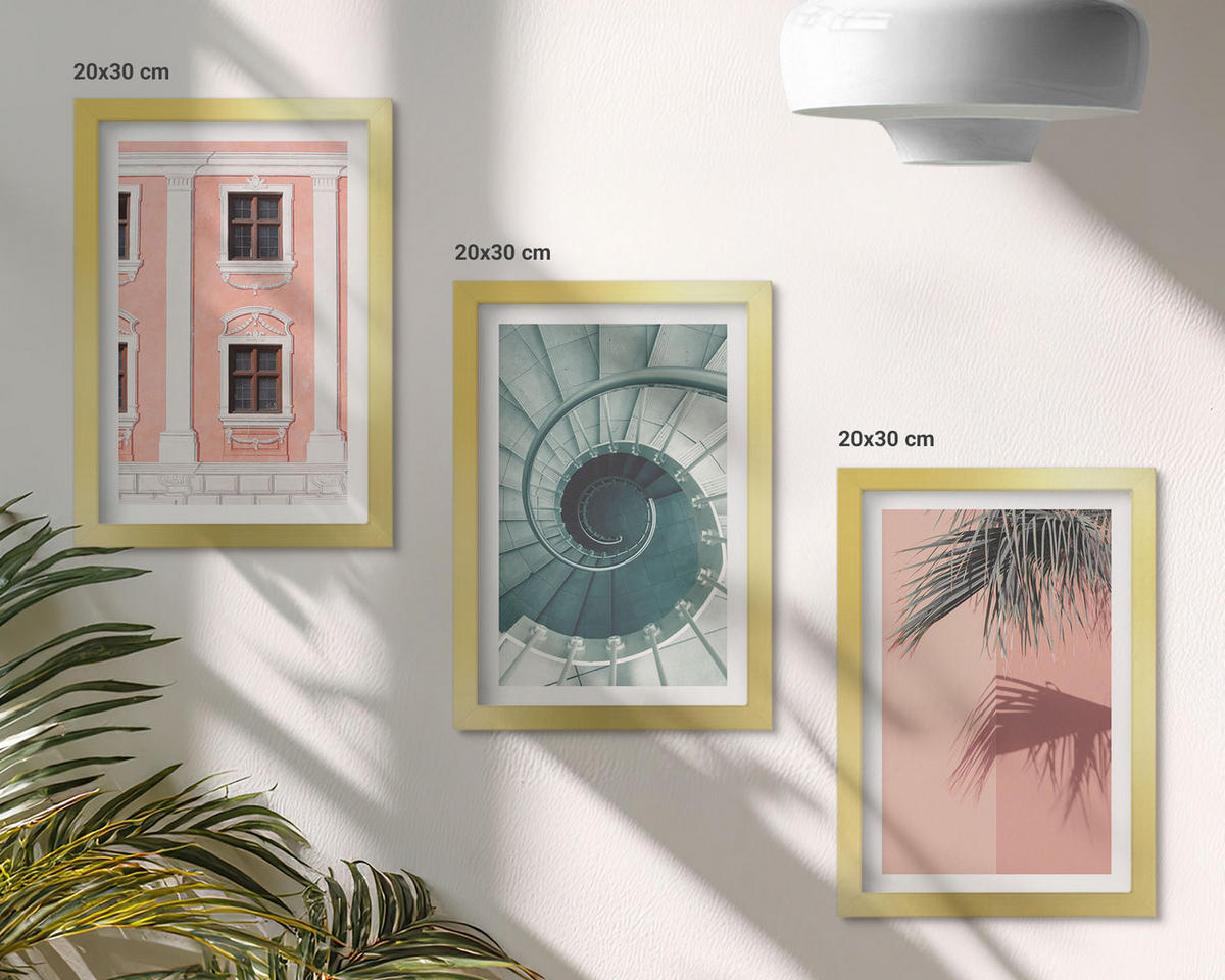WANDBILDER 3er Set - 20x30 cm Goldrahmen - Pastellfarbene Spiralarchitektur - Goldfarben, Kunststoff (20/30cm) - ArtPrintCave