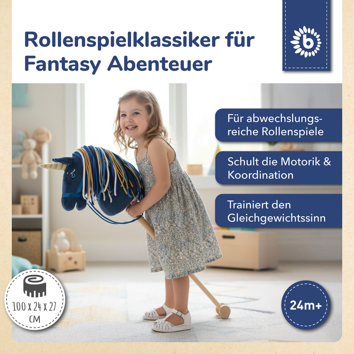 STECKENPFERD Einhorn Luna aus Holz - Blau, Textil (33/92cm) - Bieco Spielwaren