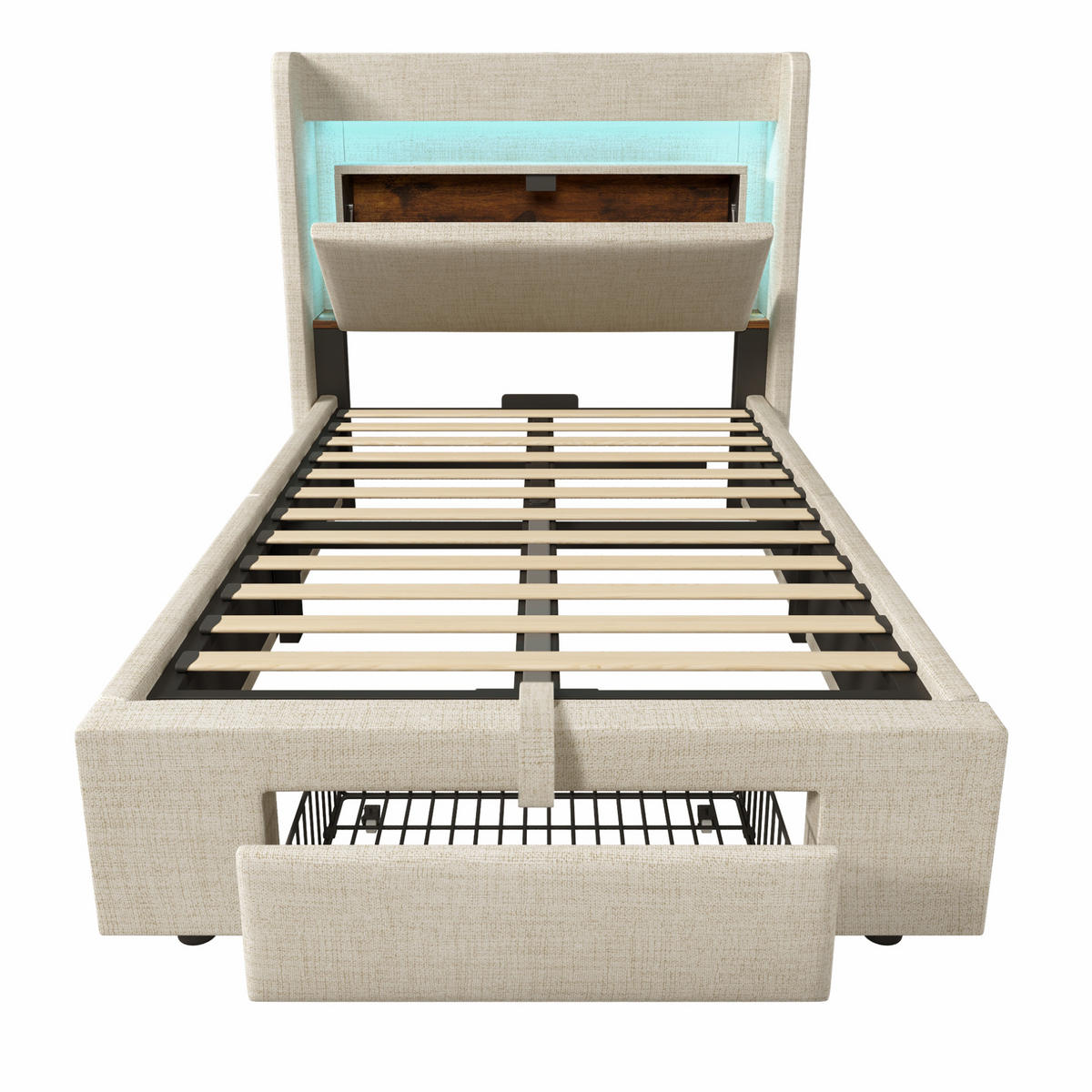 POLSTERBETT 90/200 cm Beige mit Stauraum, LED-Beleuchtung und USB- und Type-C-Anschlüssen - Beige, Textil (90/200cm) - Flora Grace