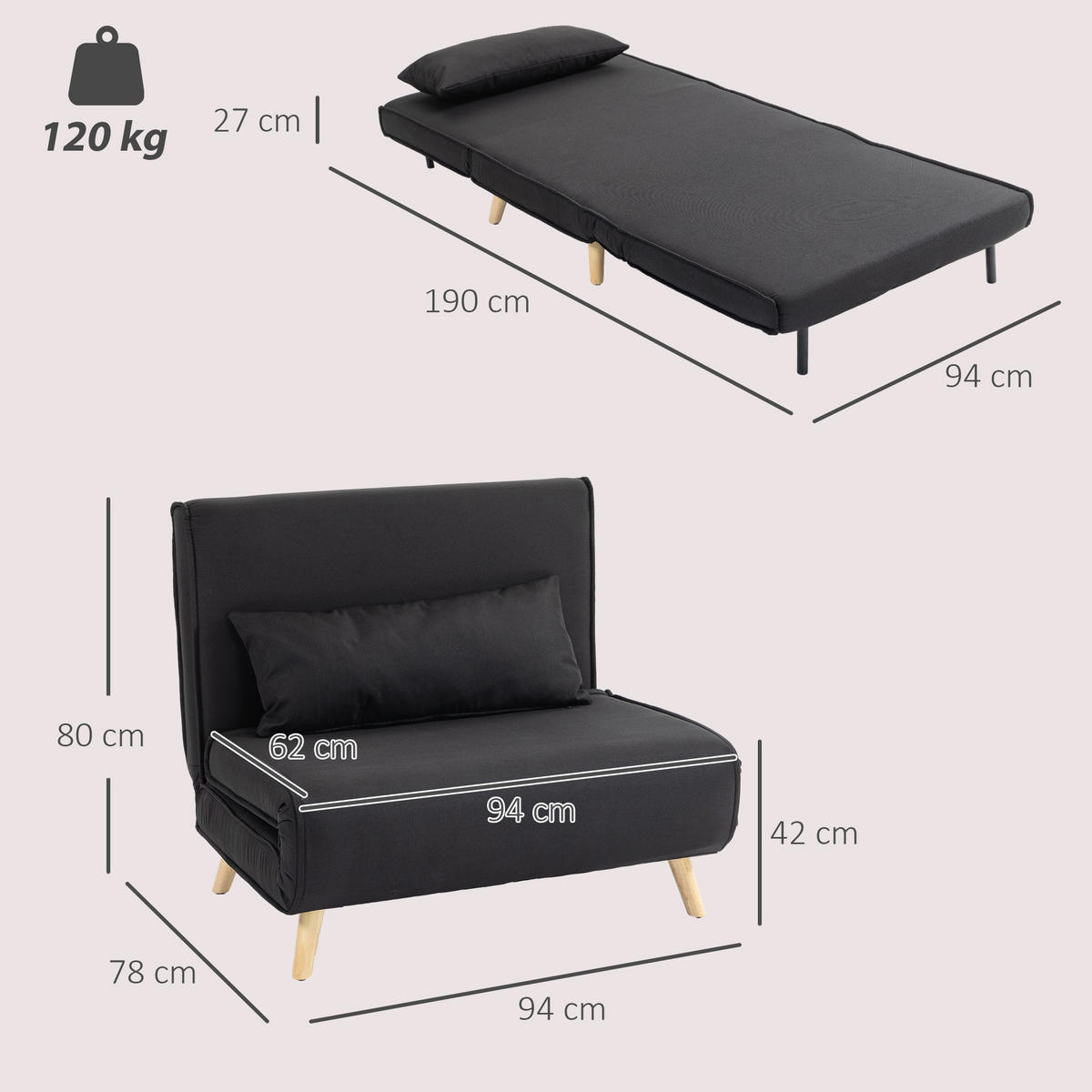 2-SITZER Sofa Schwarz 94.0/78.0/80.0 cm - Schwarz, Textil (78/80/94cm)