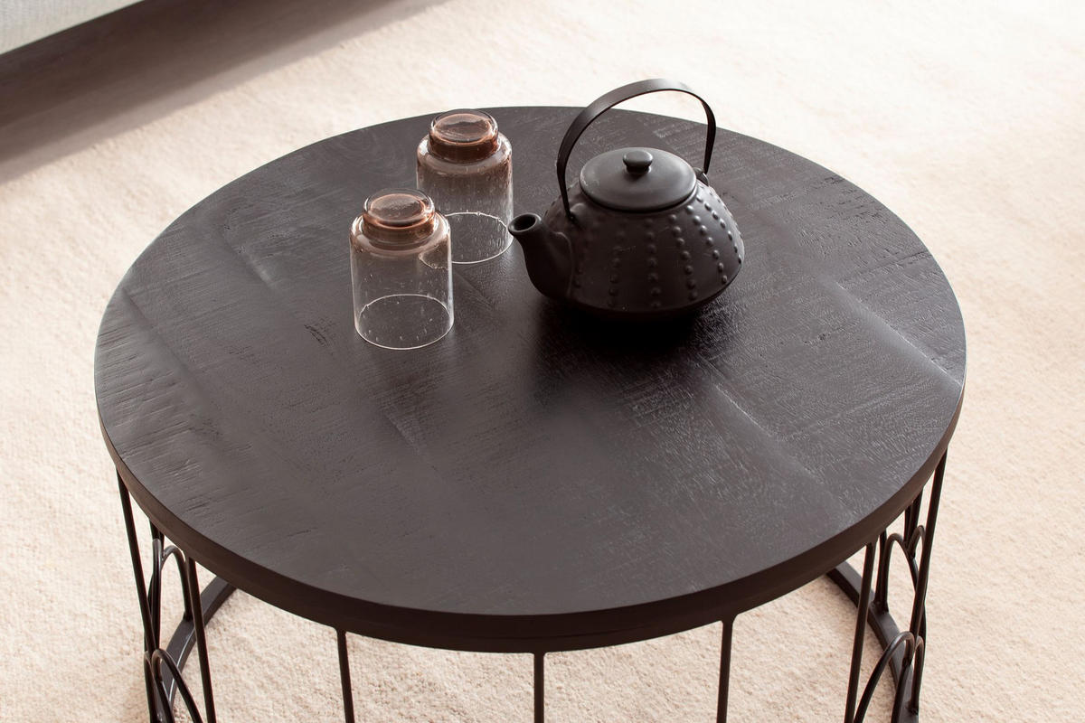 COUCHTISCH Rund in Schwarz aus Mango Massivholz mit Metallgestell, 60x60x36cm, Industrial Design - Schwarz, Holz/Metall (60/60/36cm) - KADIMA DESIGN