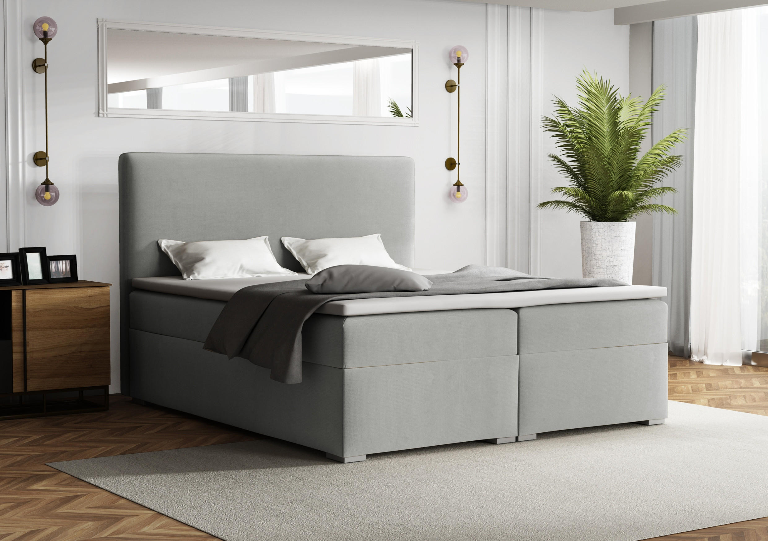 BOXBETT BASIC 200/200 Velours Hellgrau mit Taschen-Federkernmatratzen 7 Zonen H4 - Hellgrau, Holz/Holzwerkstoff (200/200cm) - Deine Möbel 24