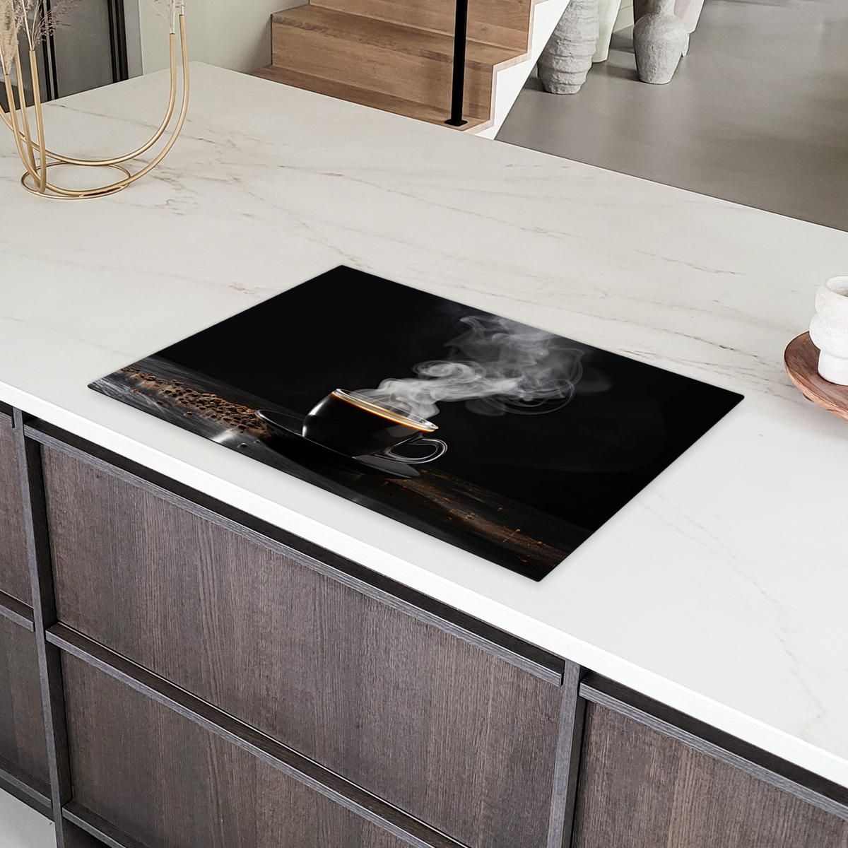 HERDABDECKPLATTE Kaffee - Schwarz - Bohnen - Heiß - Tasse Ceranfeldabdeckung 80x52 cm - Schwarz, Kunststoff (80/52/0.2cm) - MuchoWow