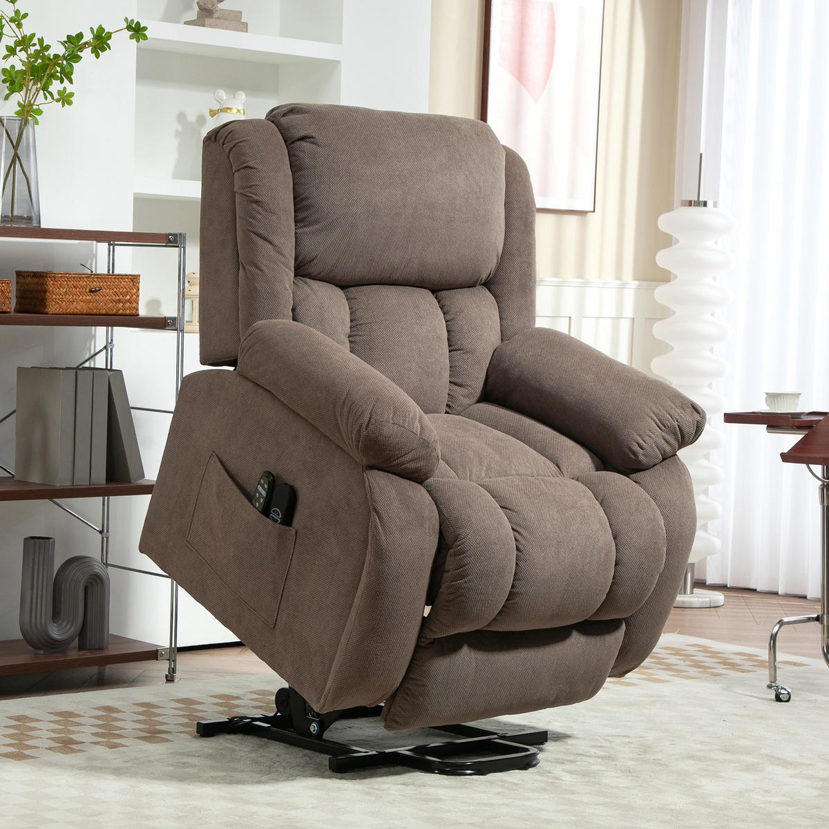 FERNSEHSESSEL mit Aufstehhilfe, Relaxsessel mit Liege-, Massagefunktion, Braun - Hellbraun/Schwarz, Textil/Metall (104/100/93cm) - HOMCOM