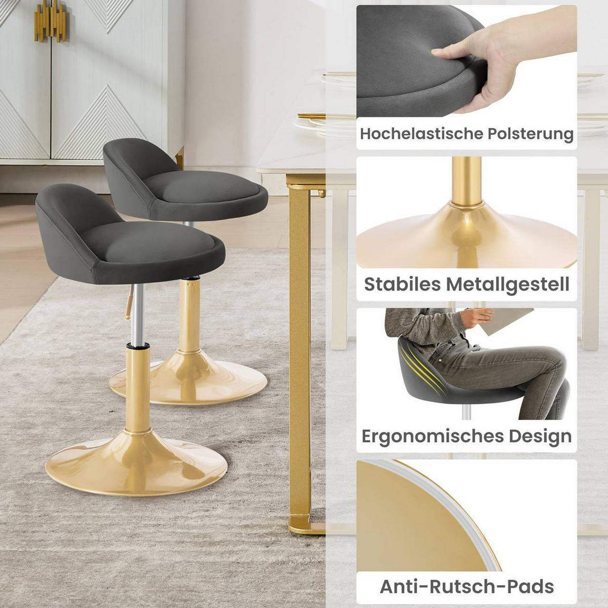 BARHOCKER 2er Set Drehhocker, Samt, Dunkelgrau+Gold - Dunkelgrau/Goldfarben, Kunststoff/Textil (38.5/49.5/43cm) - Woltu