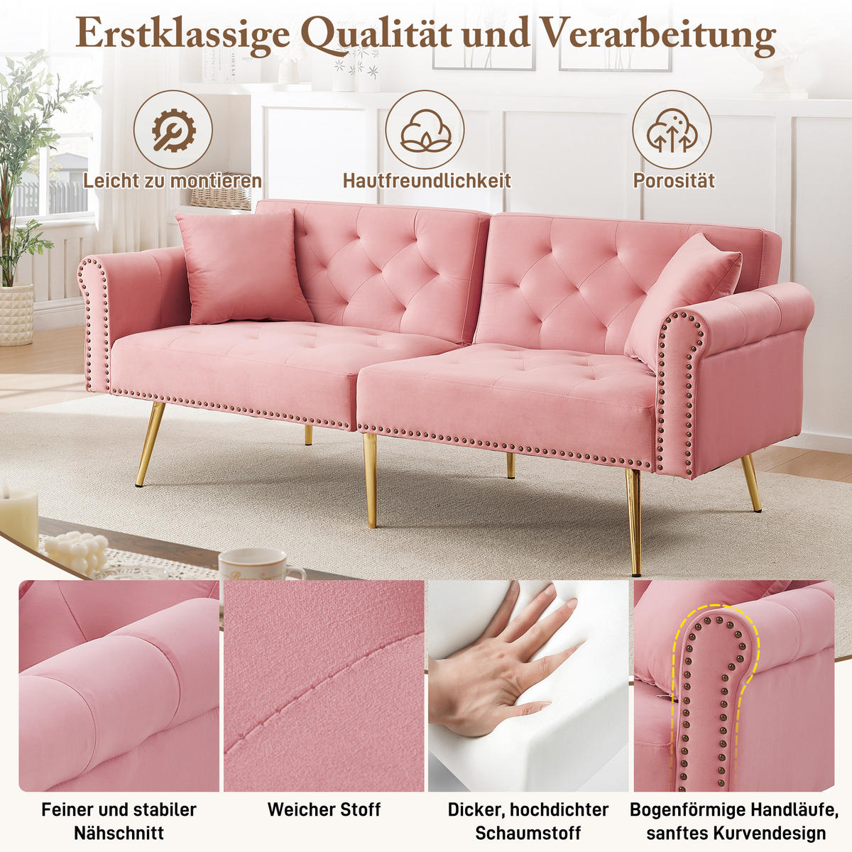 SCHLAFSOFA 2-Sitzer Samt mit 3-fach verstellbarer Doppel-Rückenlehne Rosa 173/75/70 cm - Rosa, Textil (70/173/75cm) - Redom