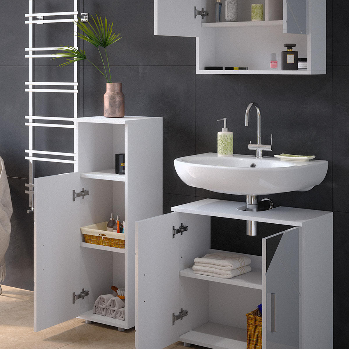 BADMÖBEL-SET Irma Weiß 3 Teile - Weiß Hochglanz/Weiß, Holzwerkstoff (80/58.6/41cm) - Vicco