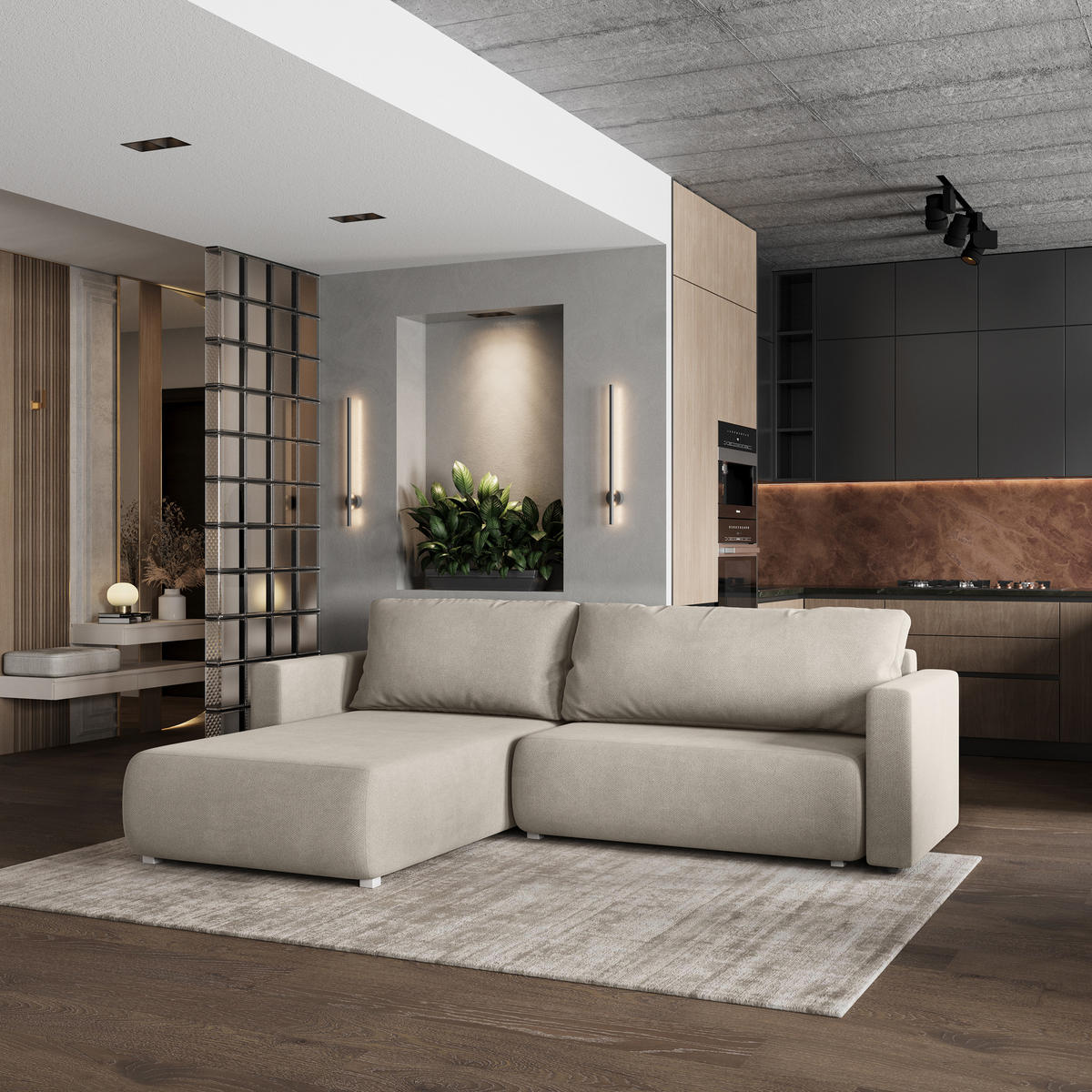 ECKSOFA TURIN Beige Geflochtener Stoff mit Schlaffunktion - Beige, Holz (265/183cm) - MASSENO