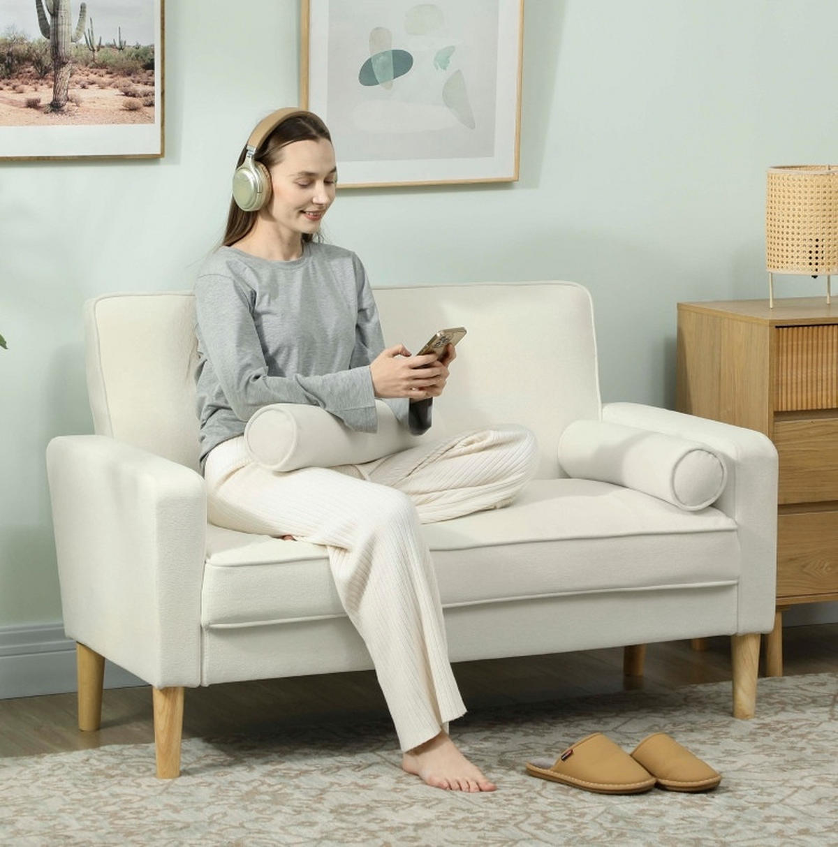 SOFA 2-Sitzer 130 cm Polyester Cream White - Weiß, Holz (74.5/82/130cm) - Meubliv