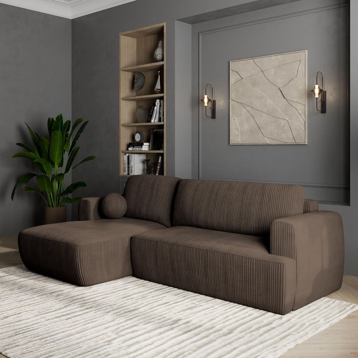 ECKSOFA SENTI P L-S Braun Kordstoff mit Schlaffunktion - Braun, Holz (246/148cm) - MASSENO