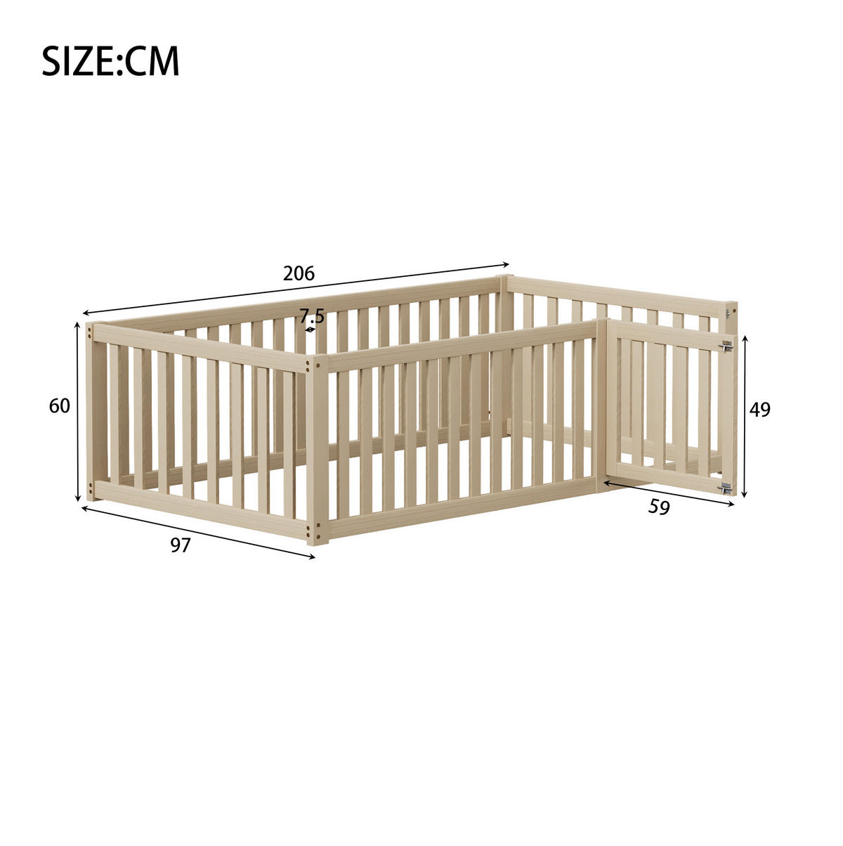 KINDERBETT 90/200 cm aus massivem Kiefernholz mit Zaun und Tür - Naturfarben, Holz (90/200cm) - BEAOK