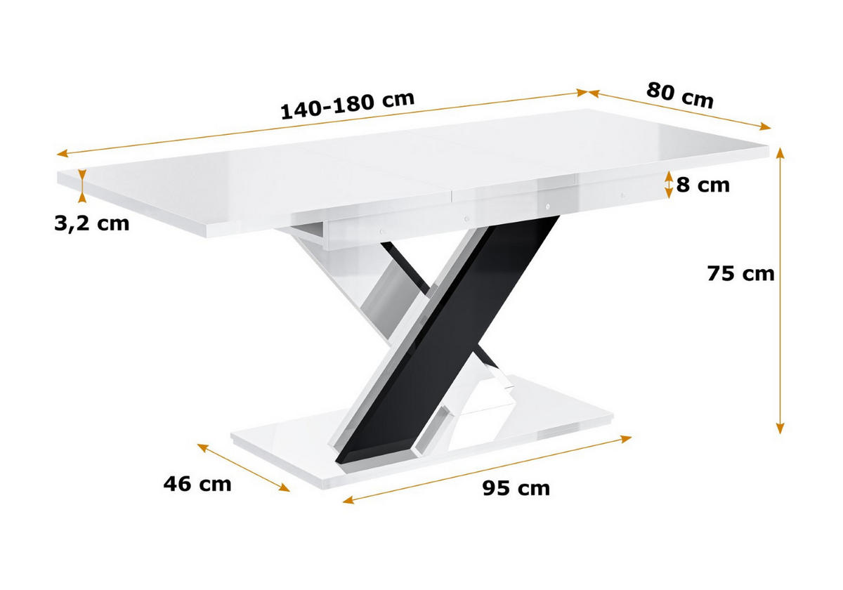 ESSTISCH ausziehbar 140 -180x80x75 cm - Weiß Hochglanz/Schwarz Hochglanz - RONX - Schwarz Hochglanz/Weiß Hochglanz, Holzwerkstoff (140/80/75cm) - ALTDECOR