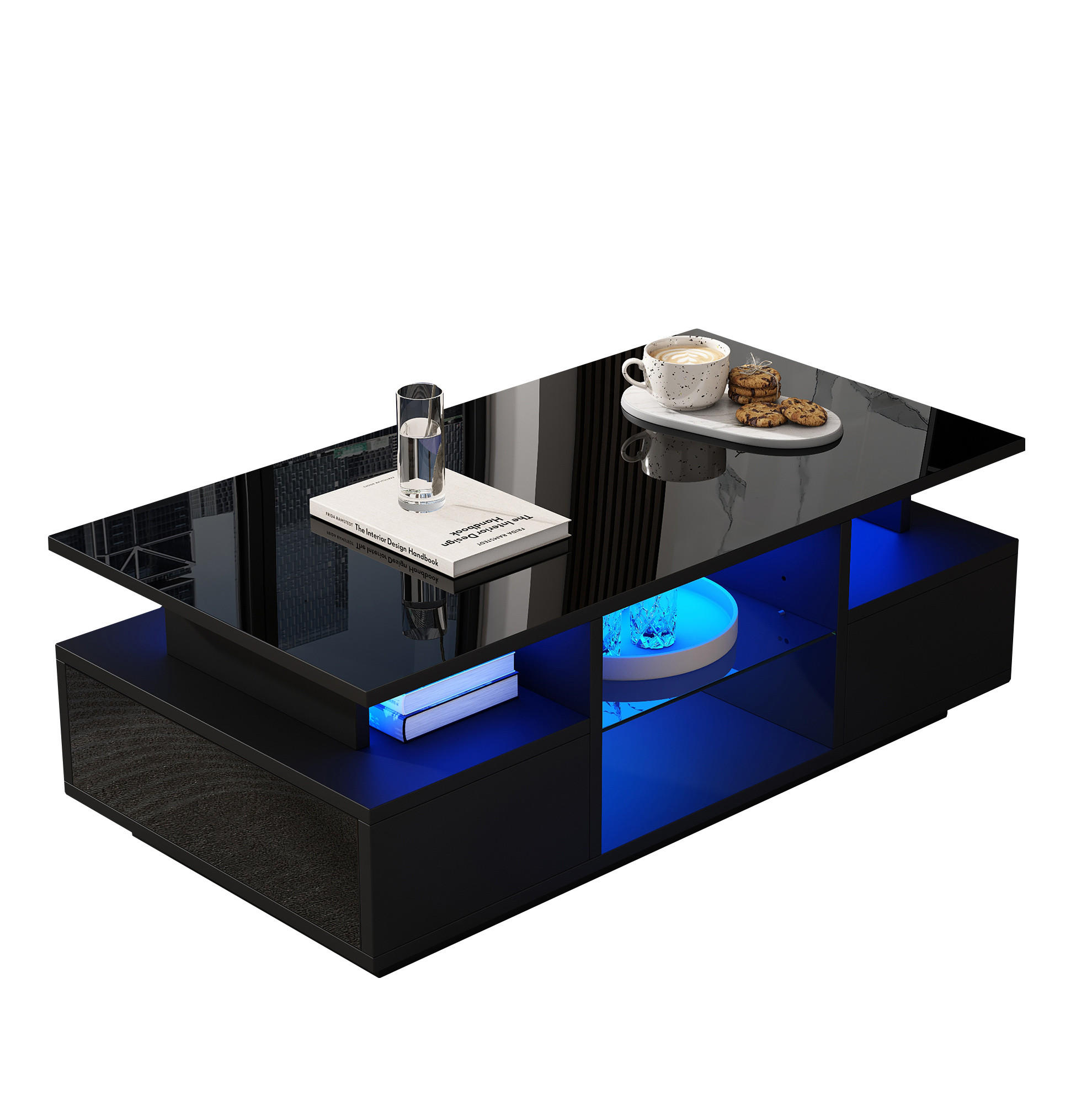 COUCHTISCH 100/50/36 cm mit 2 Schubladen, LED-Beleuchtung und Glasablagen, Schwarz - Schwarz, Holzwerkstoff (100/50/36cm) - Redom