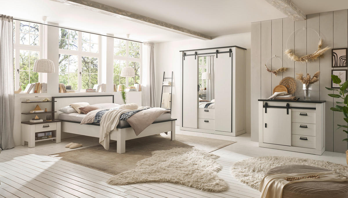 KLEIDERSCHRANK weiß Pinie, anthrazit Landhaus, Schiebetürenschrank 3-türig mit Spiegel 163 x 209 - Anthrazit/Weiß, Holzwerkstoff/Metall (162/209/63cm) - Furn.Design