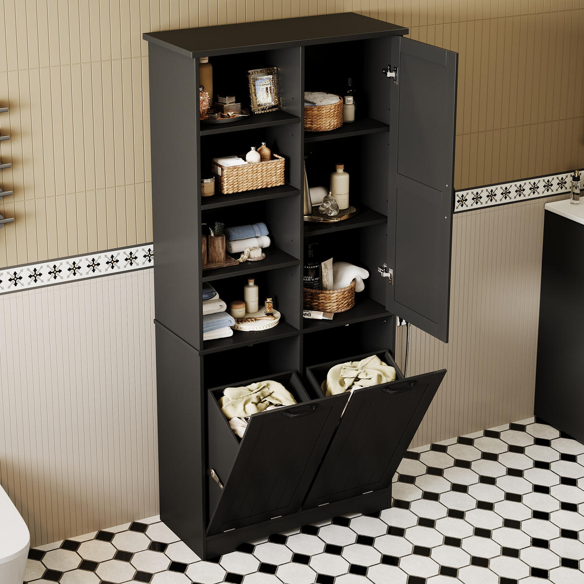 HOCHSCHRANK 78/35/172.7 cm Schwarz mit doppelter Wäschekorb und 4 offene Fächer - Schwarz, Holz/Holzwerkstoff (35/172.7/78cm) - Oxeza