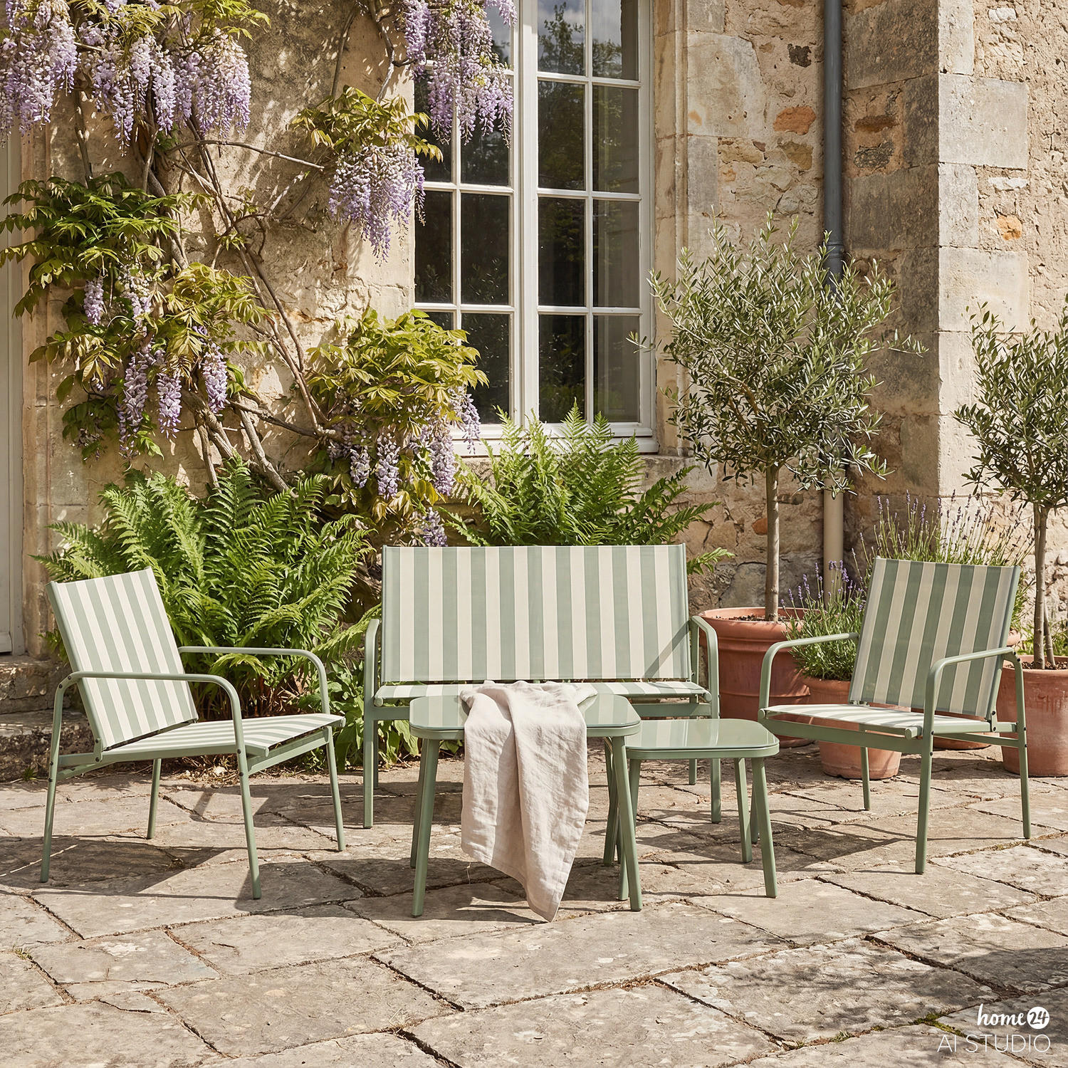 SITZGRUPPE - 5-teilig - Stahl - Weiß/Grün, Glas/Textil - home24