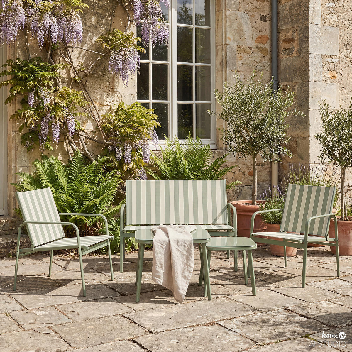 SITZGRUPPE - 5-teilig - Stahl - Weiß/Grün, Glas/Textil - home24