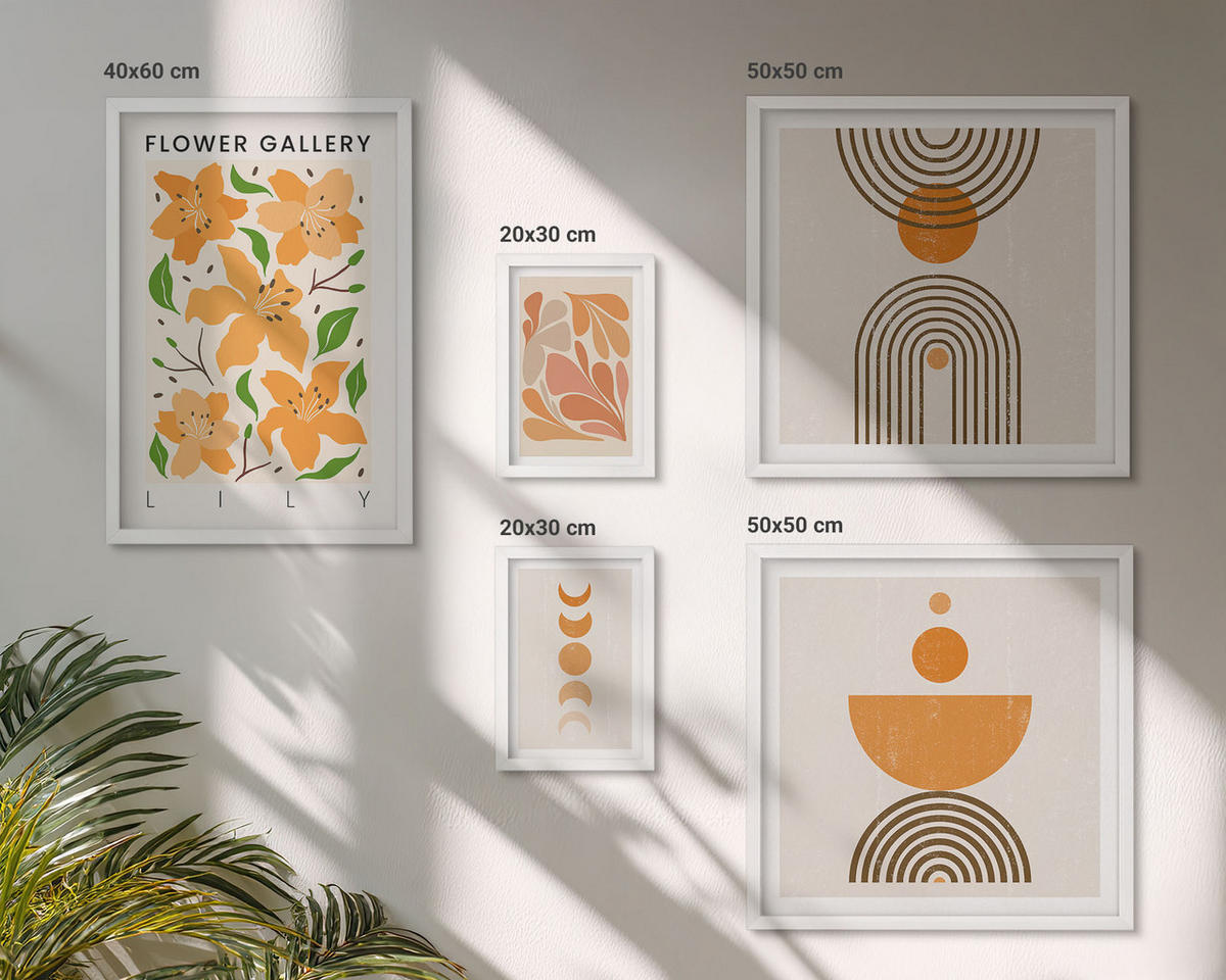 BILDER SET 5er Set - 50x50 cm & 20x30 cm & 40x60 cm Weißer Rahmen - Abstrakte orange Formen - Weiß, Kunststoff (40/60cm) - TULUP