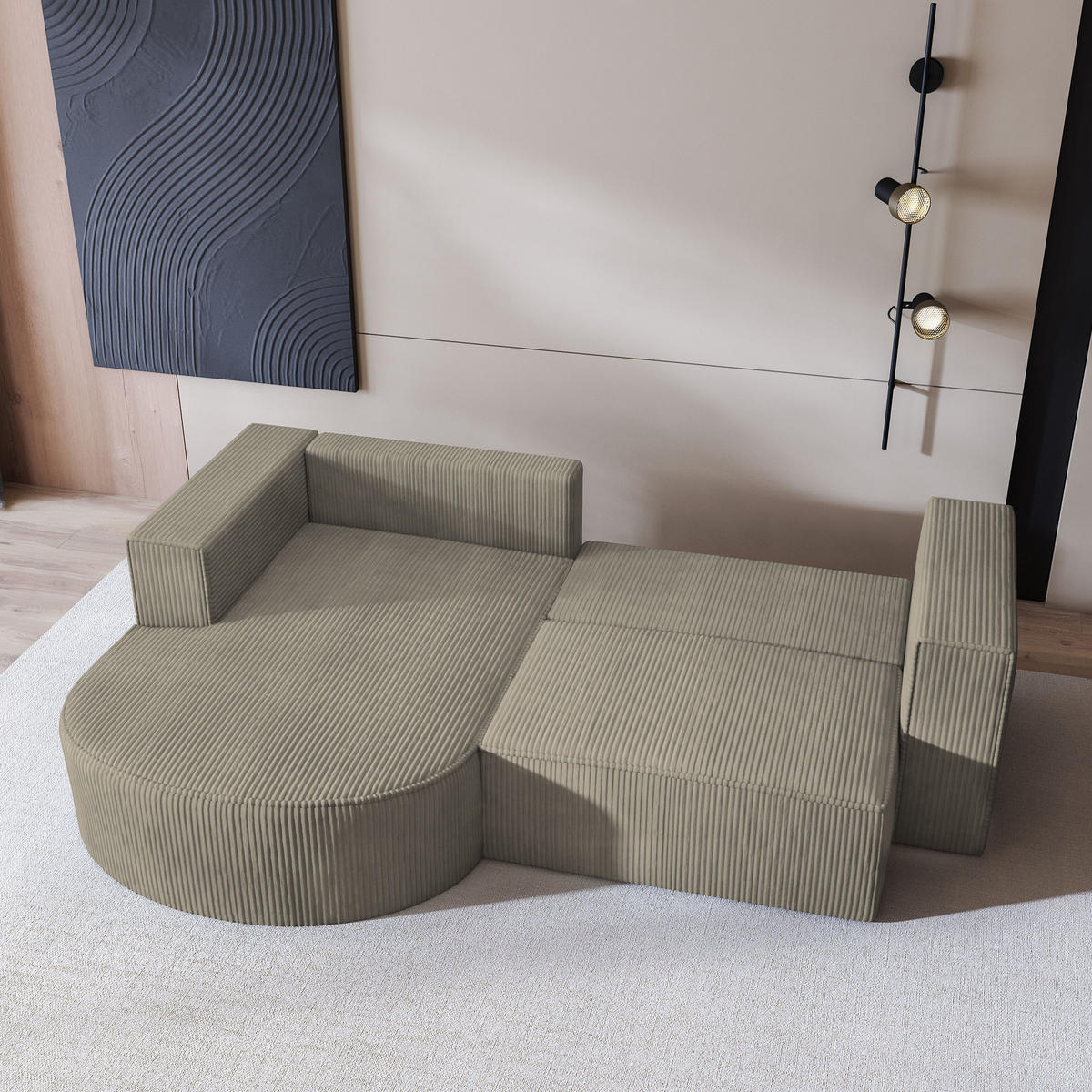 ECKSOFA SORELA P L-S Beige Kordstoff mit Schlaffunktion - Beige, Holz (263/174cm) - MASSENO