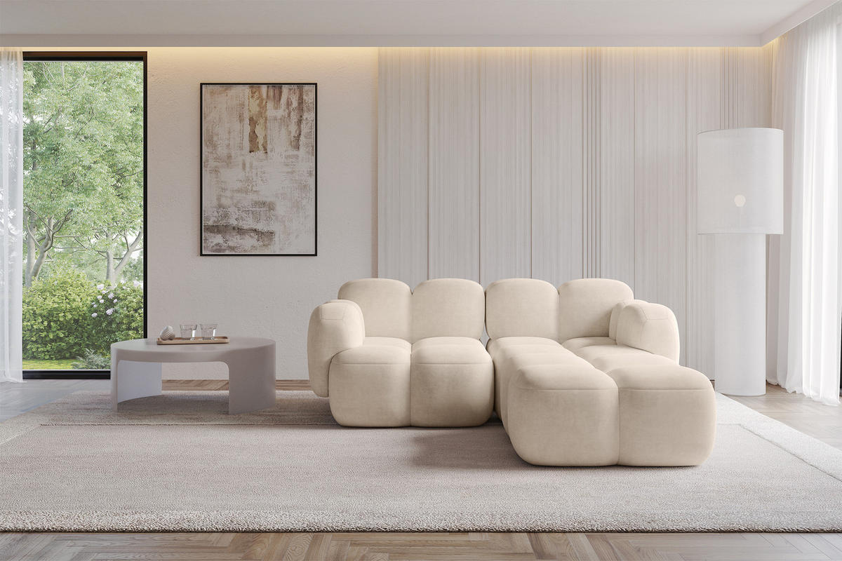 ECKSOFA modulares Sofa Rechts Miko-L1 214x205x75 Beige Velours - Ecru/Schwarz, Holzwerkstoff/Kunststoff (214/205cm) - ALTDECOR