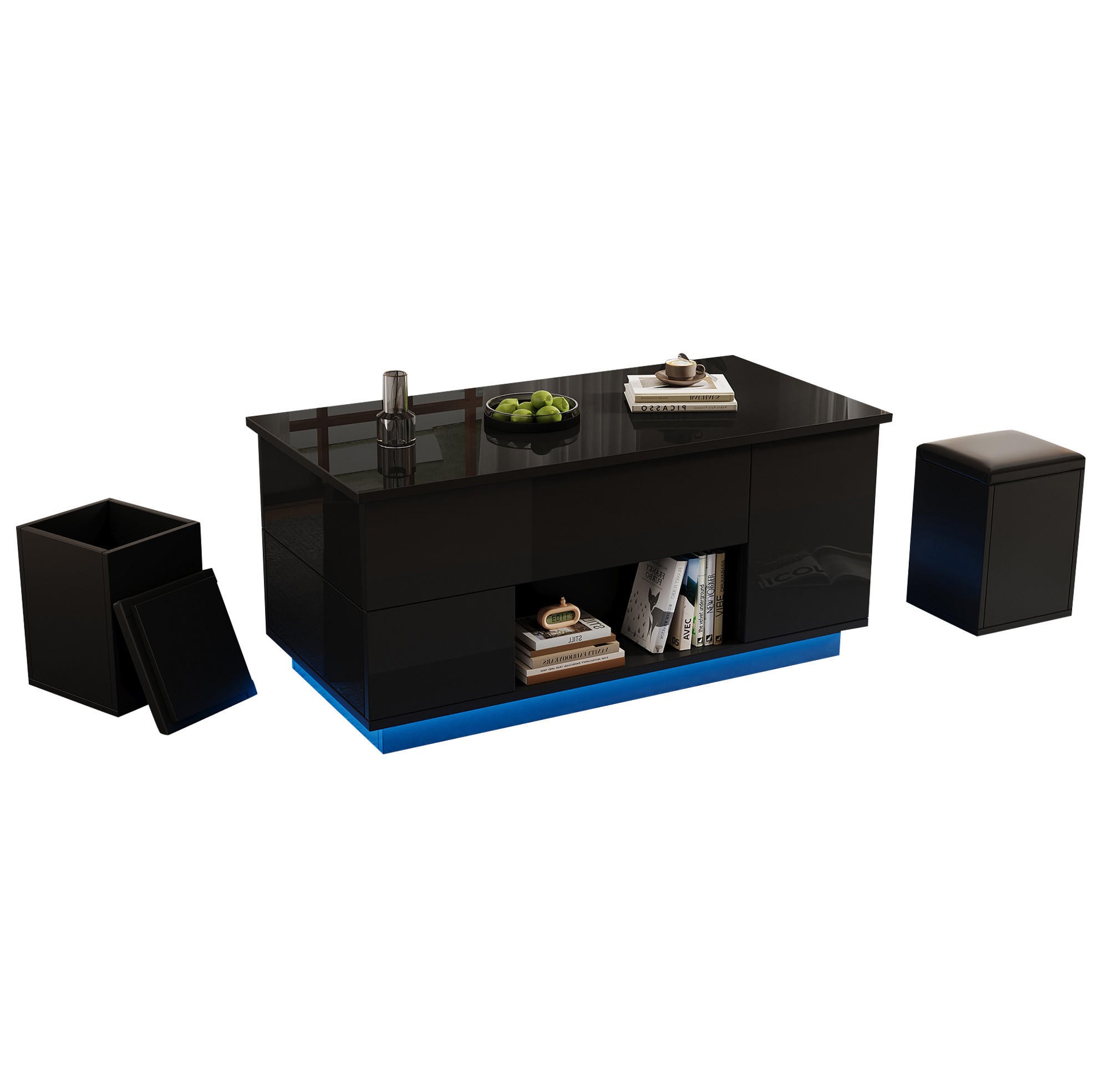 COUCHTISCH 100/50/45 cm höhenverstellbar mit LED, 2 Schubladen, verstecktem Stauraum und 2 Hockern, Schwarz - Schwarz, Holzwerkstoff (100/50/45cm) - Modfu