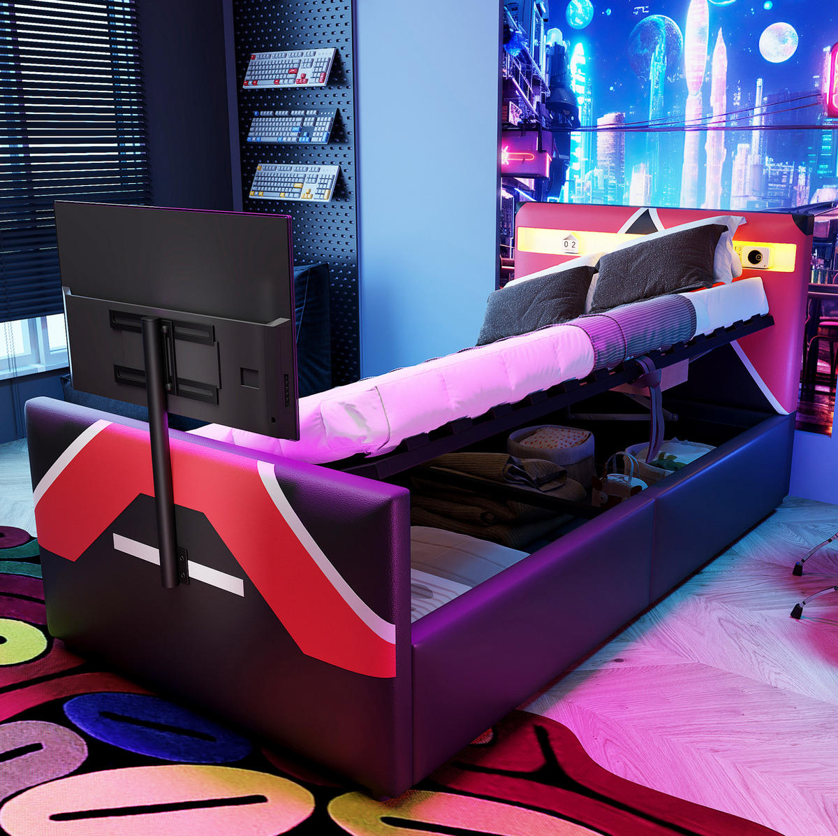 POLSTERBETT mit LED-Beleuchtung 90/200 cm mit Bettkasten und TV-Halterung - Schwarz, Kunststoff (90/200cm) - BEAOK