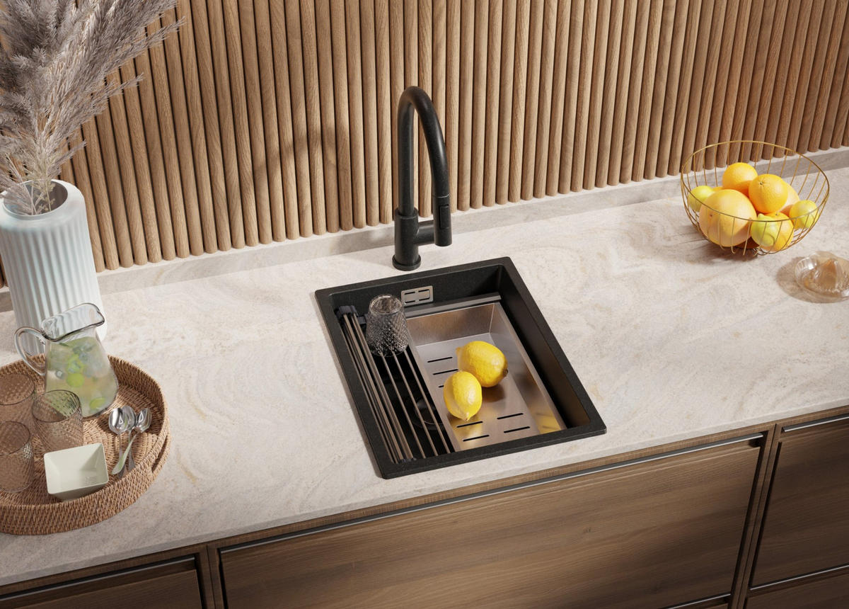 SPÜLBECKEN Praga Slim, 2-er set Anthrazit 36/47 cm 1 Becken + Ablauf-Set + Aufrollbare Abtropffläche ab 40er Unterschrank - Chromfarben/Anthrazit, Kunststoff (36/20/47cm) - Primagran