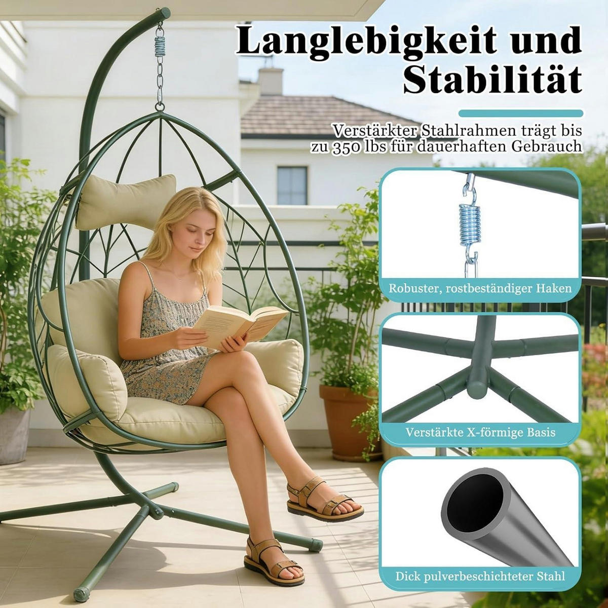 HÄNGESESSEL mit Gestell Grün 150 kg Tragkraft - Grün, Metall (110/1.5/200cm)