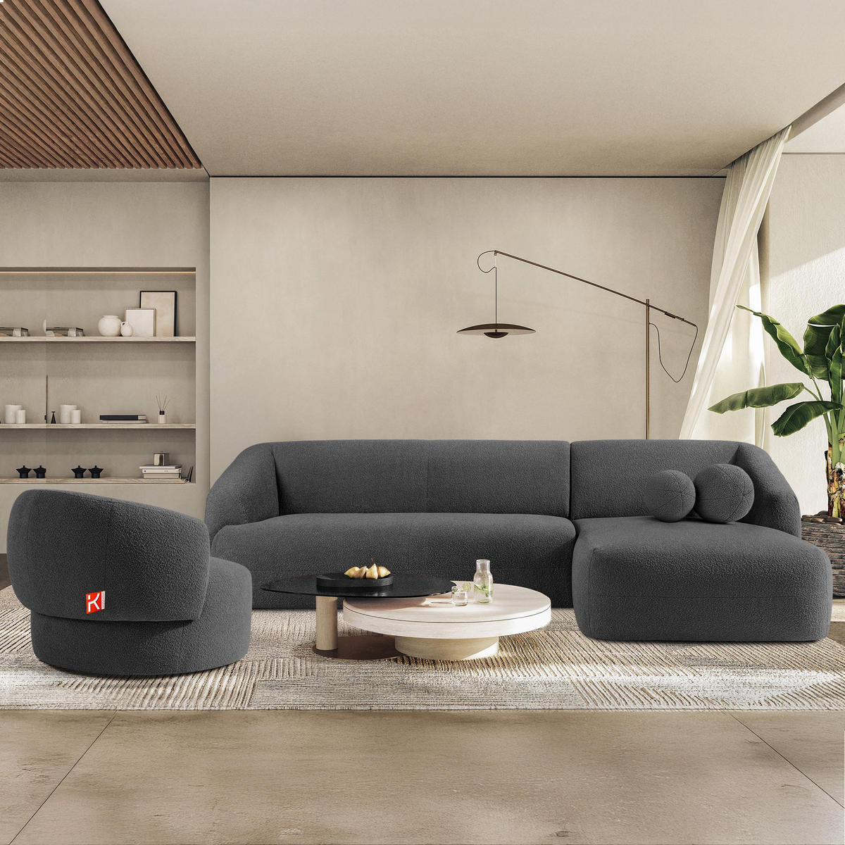 ECKSOFA RECHTS VIRA, Dunkelgrau, Bouclé - Dunkelgrau/Schwarz, Holz/Holzwerkstoff (300/160cm) - KONSIMO®