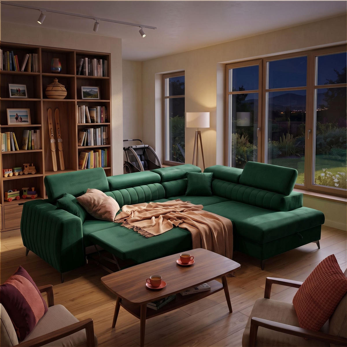 ECKSOFA PIERO L Rechts mit Schlaffunktion 195x125 Velours Dunkelgrün - Dunkelgrün/Schwarz, Holz/Textil (203/268cm) - Muffo
