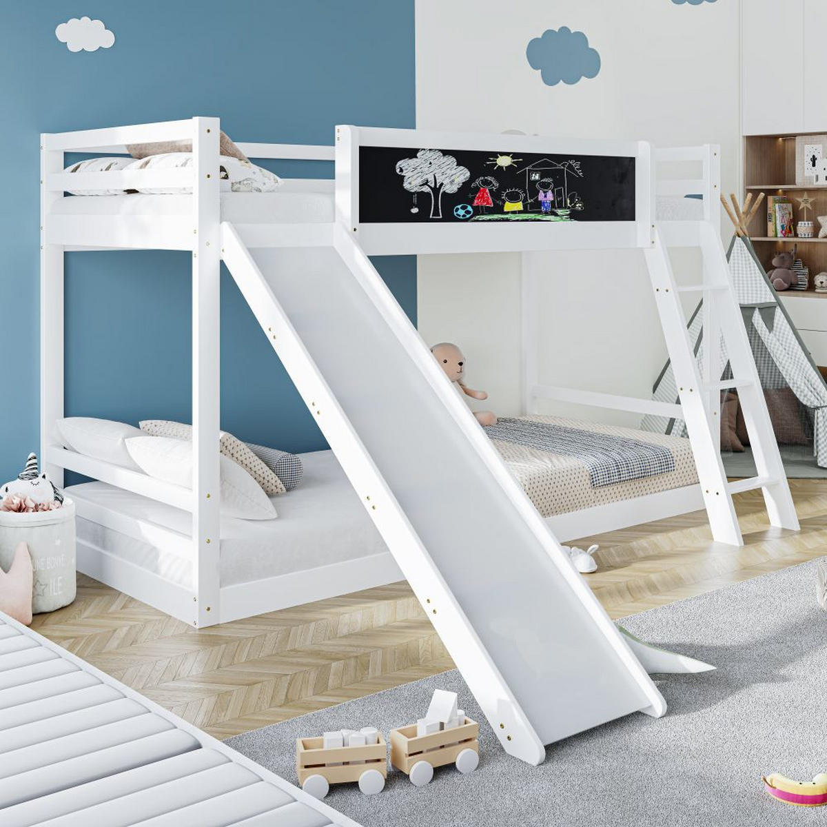 ETAGENBETT 200 x 90cm in Weiß mit Treppe und Rutschen - Weiß, Holz (90/200cm) - KOMHTOM