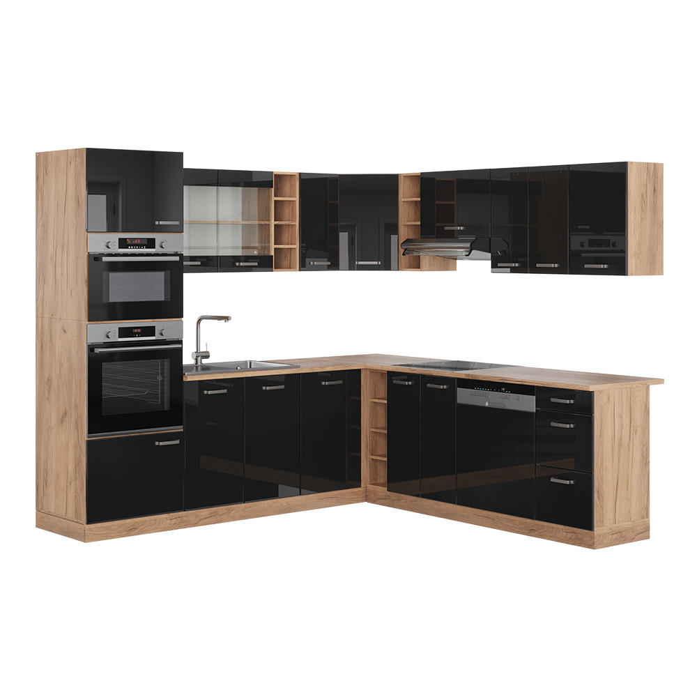 ECKKÜCHE R-Line Schwarz Hochglanz/Goldkraft Eiche 237 x 60 cm ohne AP - Schwarz Hochglanz/Eiche Wotan, Holzwerkstoff (247/81.6/46cm) - Vicco