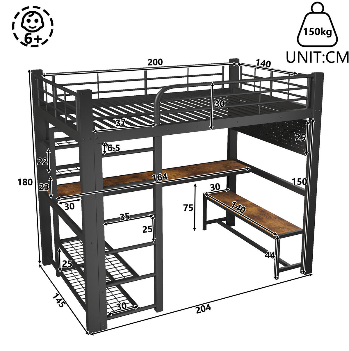 HOCHBETT 140/200 cm mit LED-Beleuchtung, Schreibtisch, Ablagen und Kleiderstange, Schwarz - Schwarz, Metall (140/200cm) - Redom