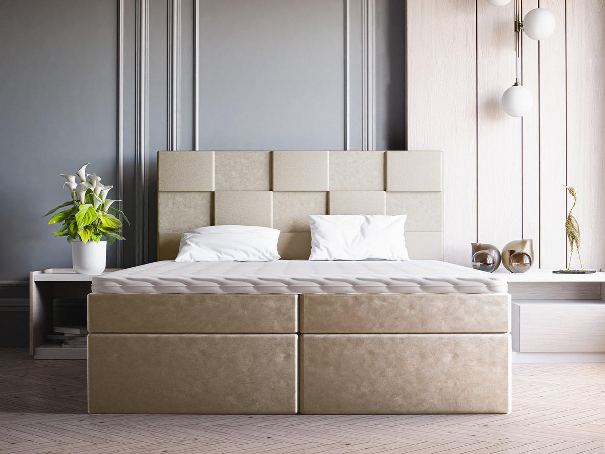 DOPPELBETT mit Matratze 200x200 Berg, Samtstoff, Bettkasten, Beige - Beige, Holz/Textil (200/200cm) - Emporius