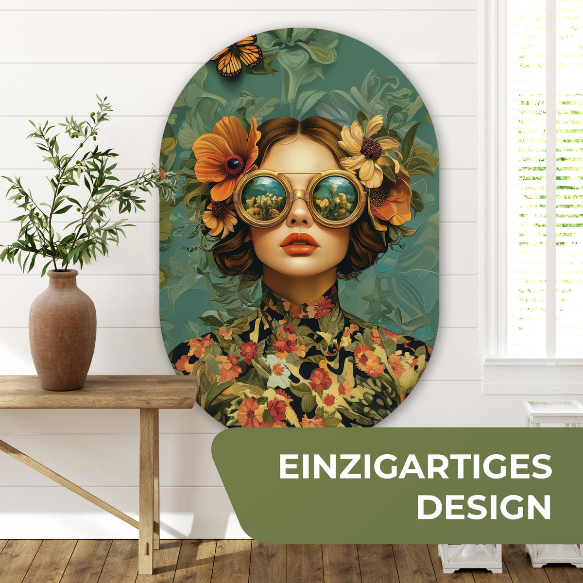 WANDBILD Frau - Blumen - Schmetterlinge - Natur - Vintage 80x120 cm - Petrol, Kunststoff (80/120cm) - MuchoWow