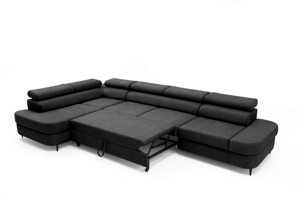 ECKSOFA PRIAM MAXI L-Form mit Schlaffunktion & Bettkasten, 6-Sitzer, 350cm, Verstellbare Kopfstützen, Ottomane Links - Anthrazit, Holz/Textil (350/203cm) - Muffo