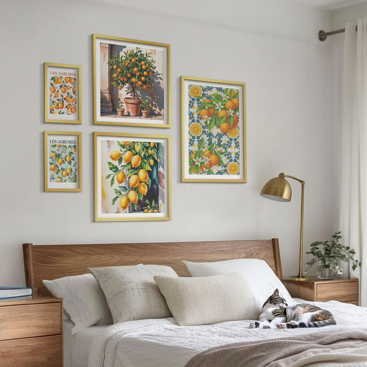 BILDER SET 5er Set - 50x50 cm & 20x30 cm & 40x60 cm Goldrahmen - Retro gelbe Zitrusfrüchte - Goldfarben, Kunststoff (40/60cm) - TULUP