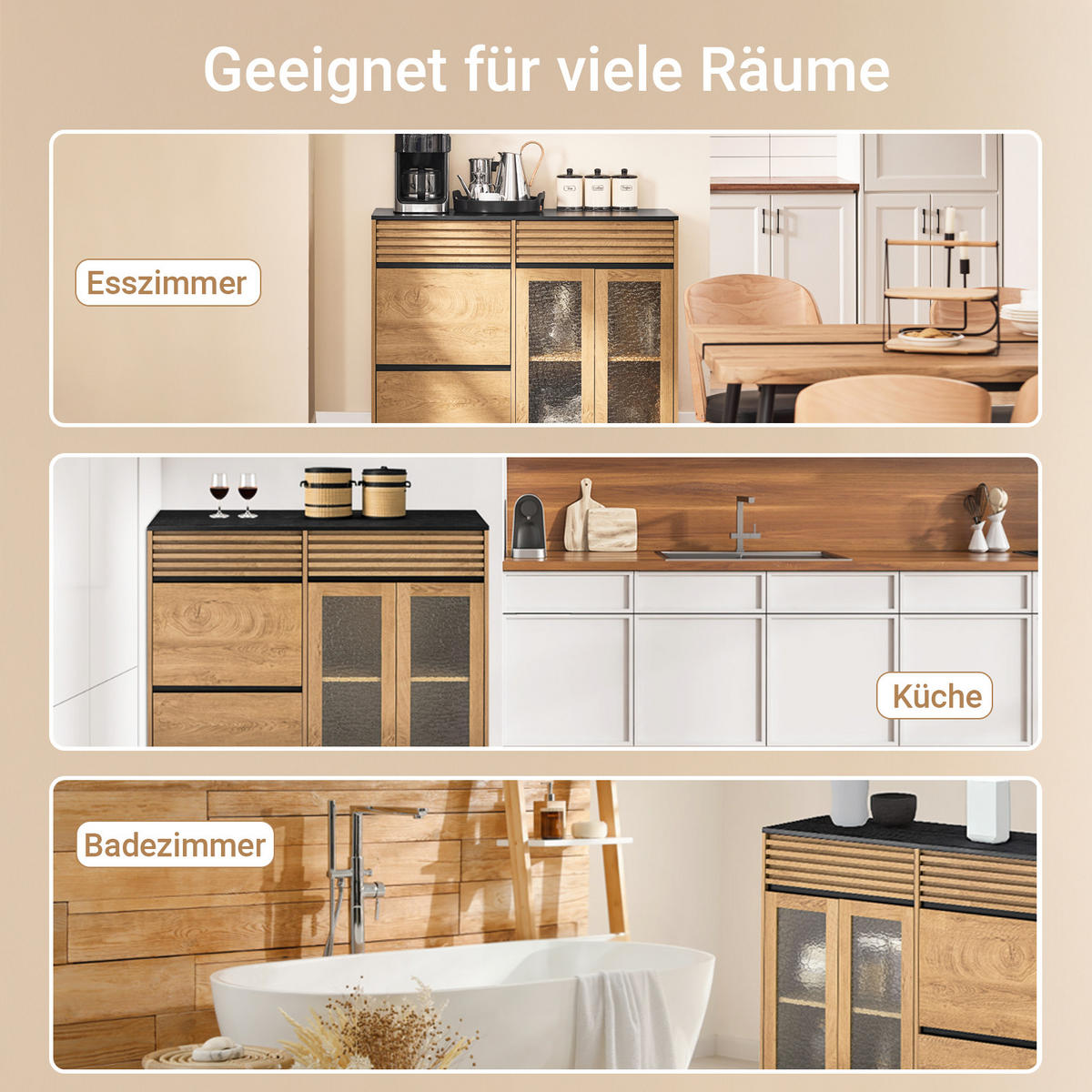 SIDEBOARD Vintagebraun-Schwarz - Schwarz/Naturfarben, Glas/Holzwerkstoff (112/89/40cm) - SoBuy
