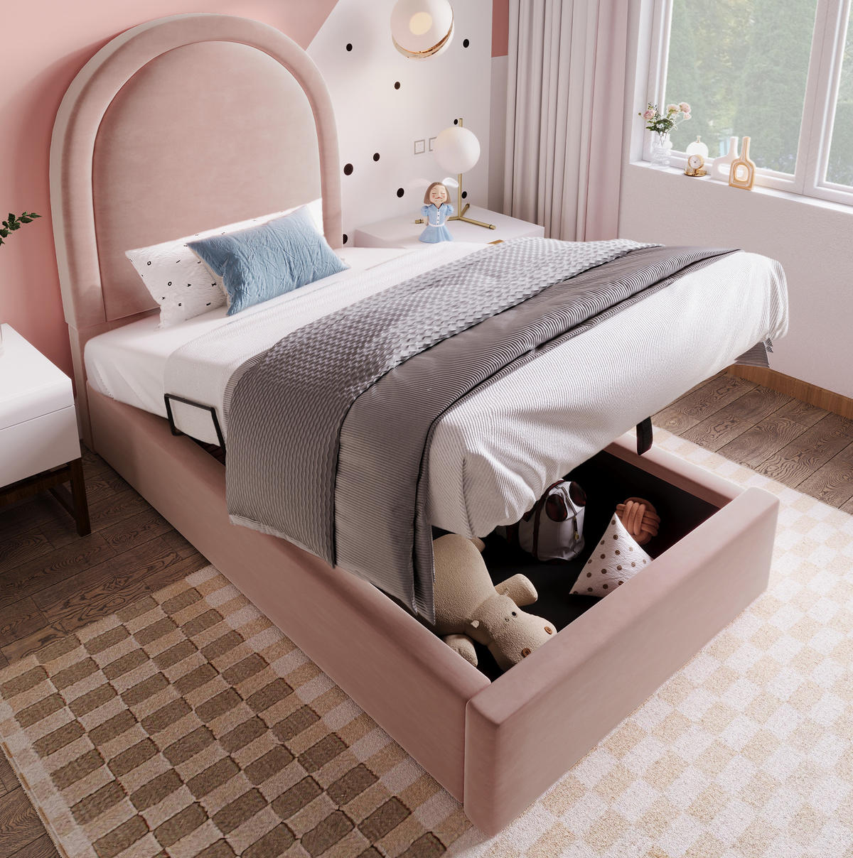 POLSTERBETT 90/200 cm Rosa aus Samt mit Matratze - Rosa, Textil (90/200cm) - OKMYHOME