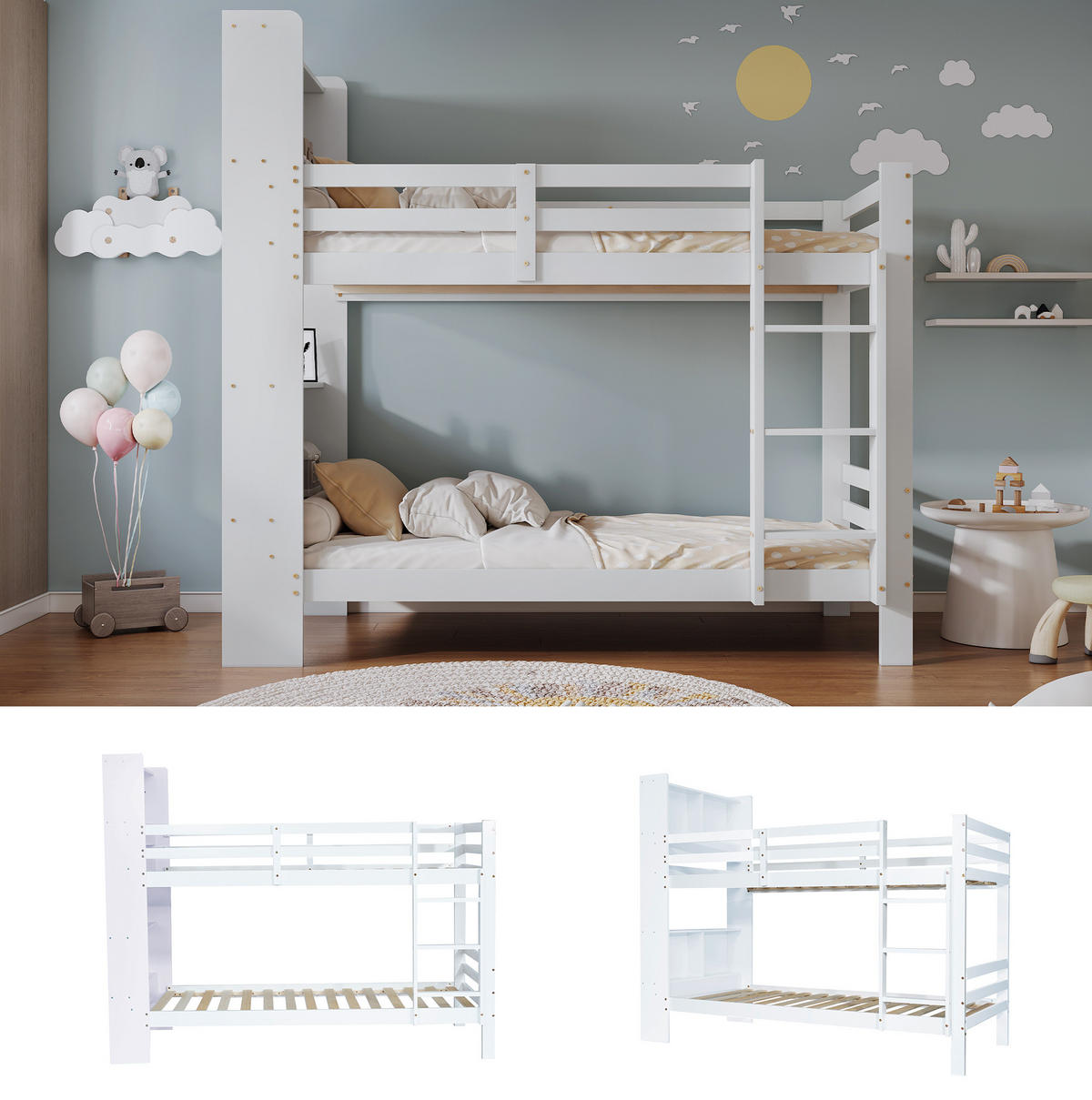 ETAGENBETT aus Massivholz und MDF 90x200 cm Weiß mit Regalen, rechtwinkliger Leiter und Stauraum - Weiß, Holzwerkstoff (90/200cm) - Modfu