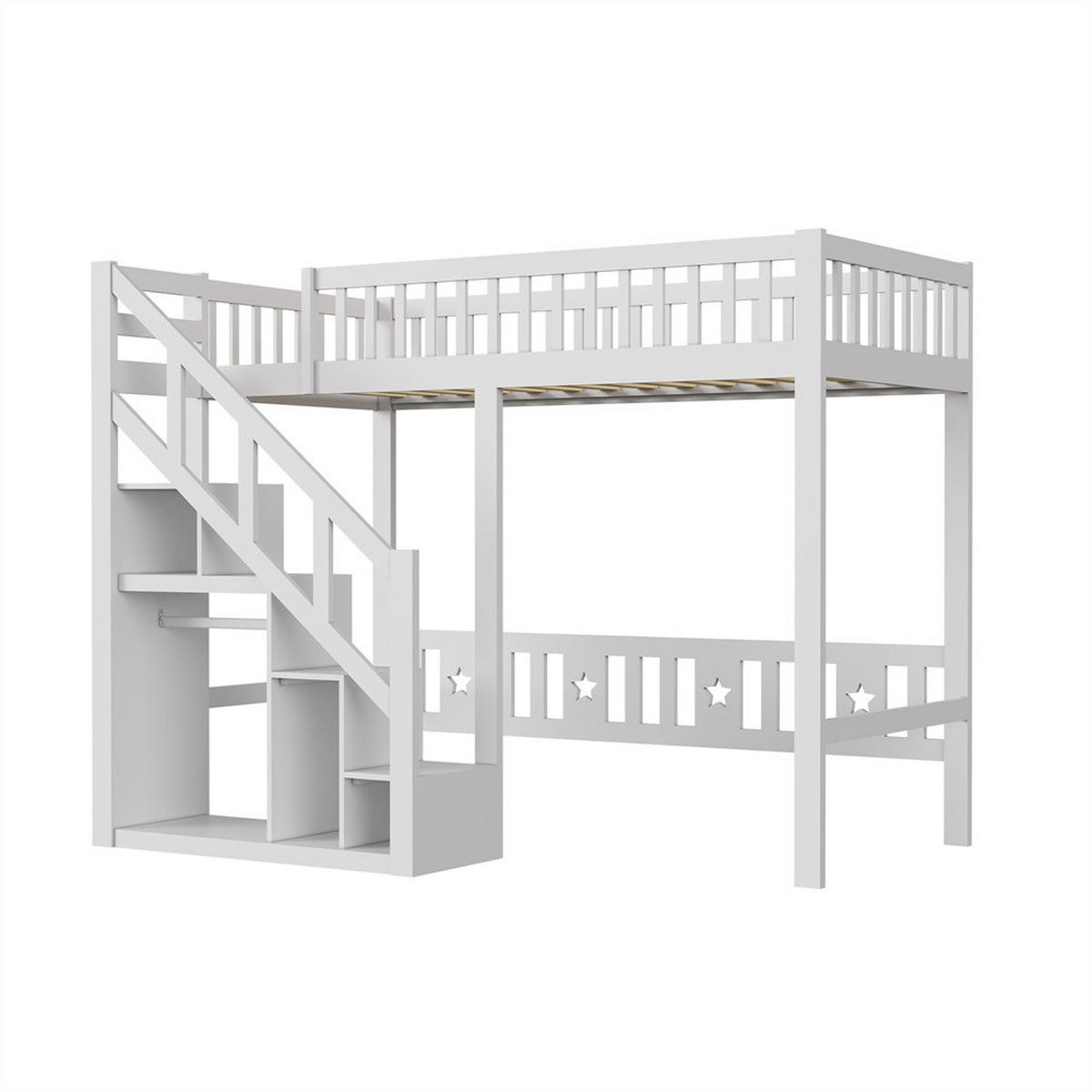 HOCHBETT 90x200 cm - Multifunktionales Kinderbett mit Treppenregal und hohem Rausfallschutz - ohne Matratze - Weiß - Weiß, Holz (90/200cm) - DELFA