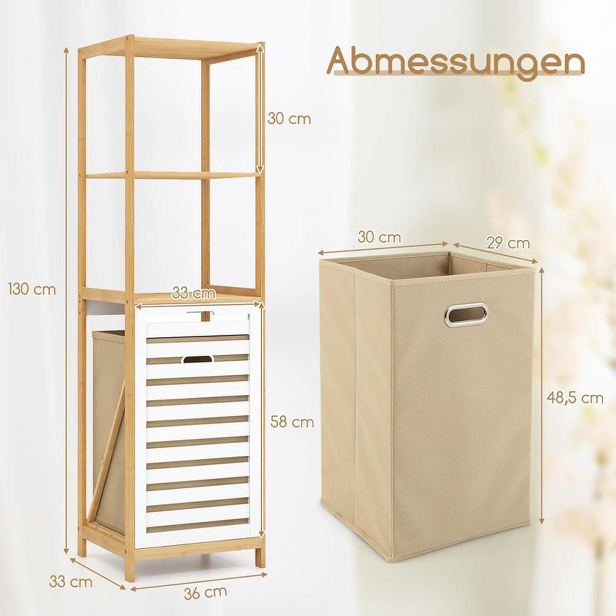 BADEZIMMERREGAL mit Wäschekorb natur - Naturfarben, Naturmaterialien (36/130/33cm) - COSTWAY