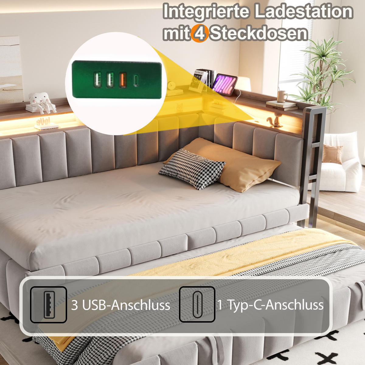 SCHLAFSOFA 90x200cm mit Ausziehbett, LED, USB-C, Hellgrau - Hellgrau, Textil (90/200cm) - FLIEKS