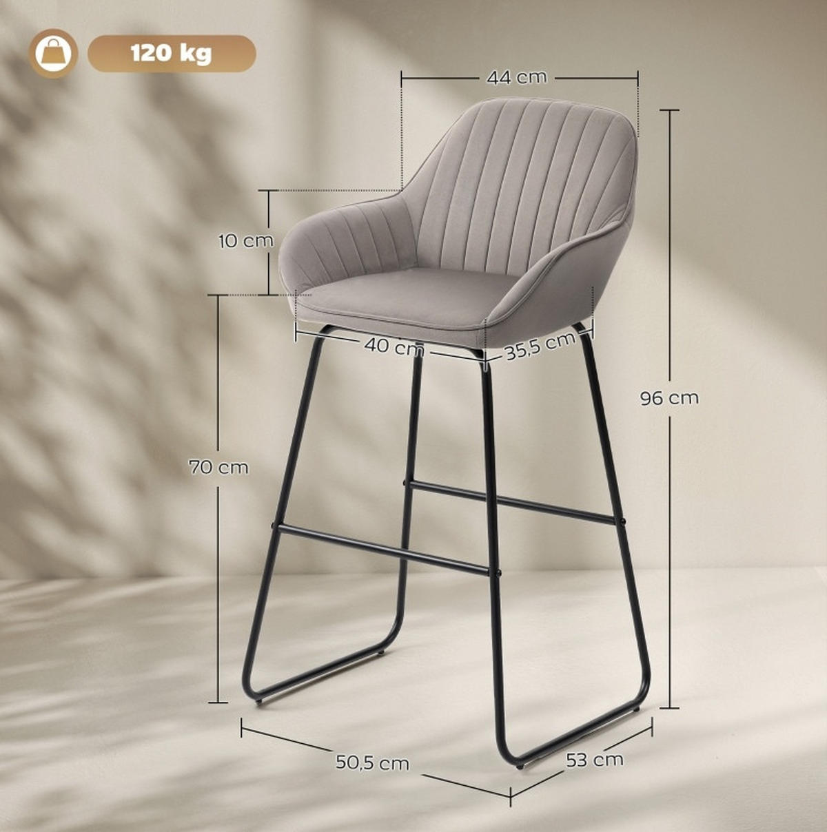 BARHOCKER 2er-Set mit Armlehnen 50,5 x 53 x 96 cm Polyester Grau - Grau, Metall (50.5/96/53cm) - Meubliv