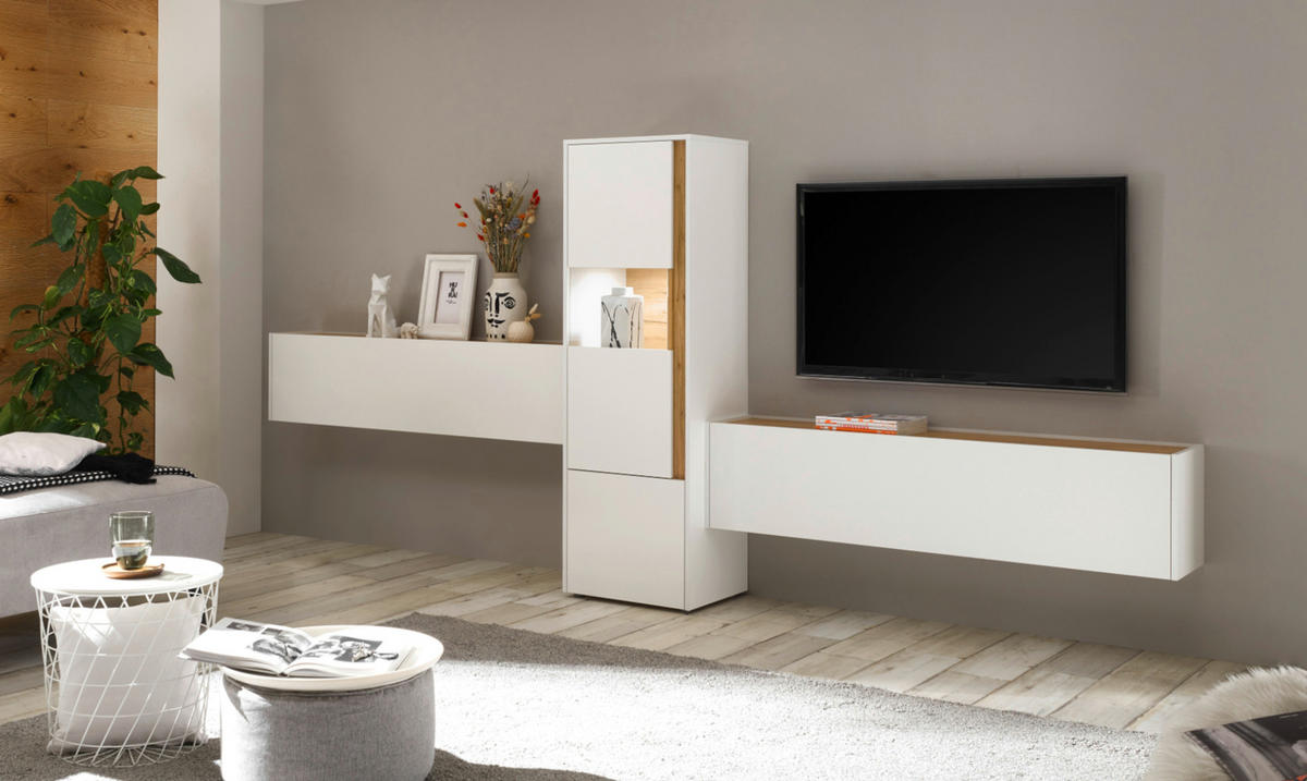 VITRINE weiß, Eiche Wotan 50 x 155 cm, Vitrinenschrank mit 4 Fächern - Eiche Wotan/Schwarz, Glas/Holzwerkstoff (50/155/40cm) - Furn.Design