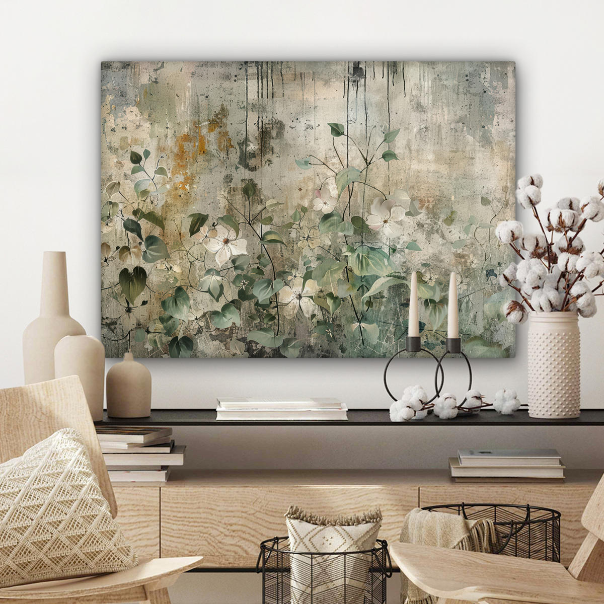 OBRAZ NA PLÁTNE Kvety - listy - abstraktné - moderné 80x60 cm - sivá, textil (80/60cm) - MuchoWow